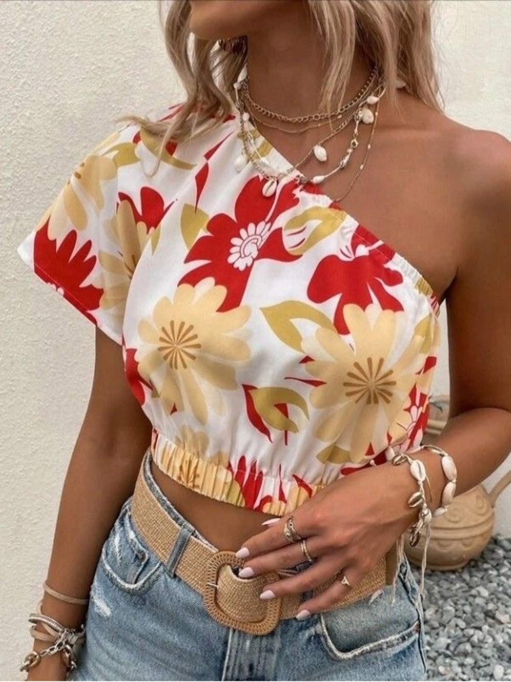 SHEIN One-Shoulder Floral Crop Top in White, Red & Yellow